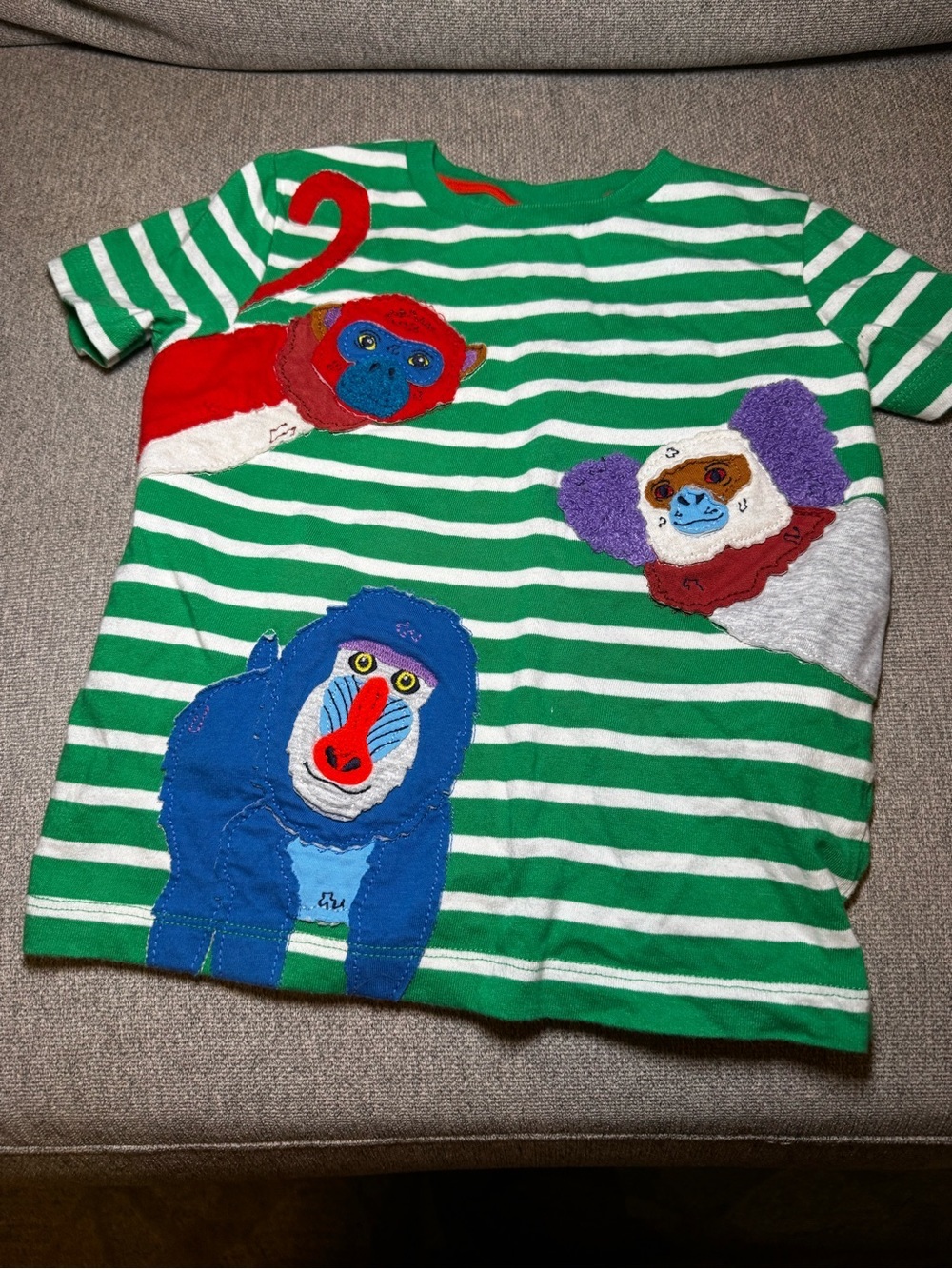 Boden Kids - Green & White Striped Tee with Colorful Baboon Appliqués Size 2-3